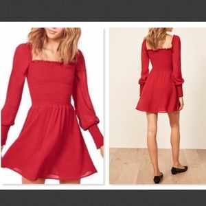 REFORMATION KELLI Smocked Bodice Long Sleeve Fit Flare Mini Dress Large